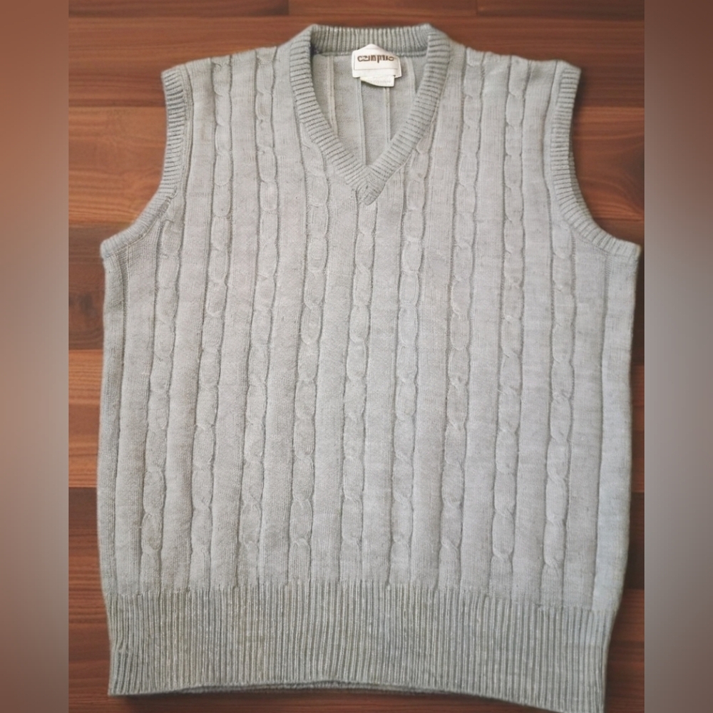 Vtg Campus Gray Cable Knit Men's Sweater Vest 80s 90s